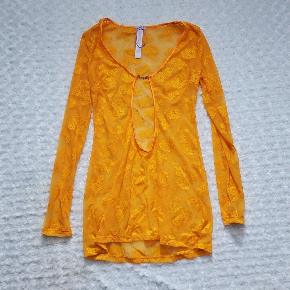 Savage X Fenty Dress Womens M Yellow Floral Long Sleeve Cutout Cut Out Sheer
